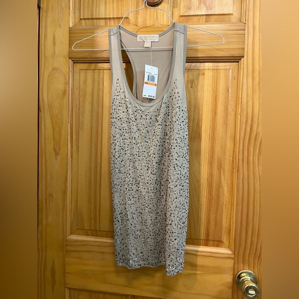 Bundle of 2 Michael Kors sequin & bead embellished tanks green & beige sz S